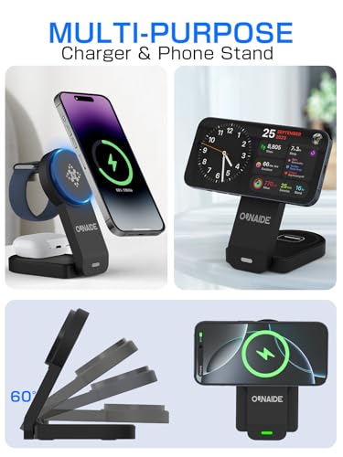 2025 Magnetic 3 in 1 Wireless Charger, Mag-safe Charger Stand Wireless Charging Station for Apple iPhone 16/15/14/13/12 series, for Apple Watch and Airpods, 18W Foldable Fast Charging Dock - Black