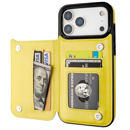 ONETOP for iPhone 17 Pro Max Wallet Case with Credit Card Holder,Yellow | Kickstand,ID/Cash Holder,Case Wallet with Card Slots,Double Magnetic Clasp,Durable PU Leather Shockproof Cover for Women Men - color: Yellow