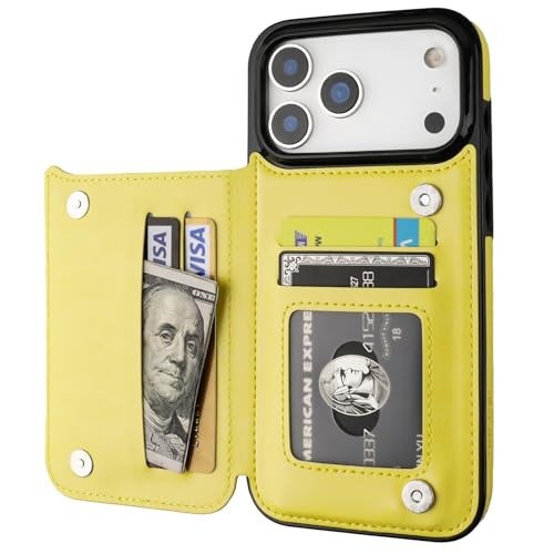 ONETOP for iPhone 17 Pro Max Wallet Case with Credit Card Holder,Yellow | Kickstand,ID/Cash Holder,Case Wallet with Card Slots,Double Magnetic Clasp,Durable PU Leather Shockproof Cover for Women Men - color: Yellow