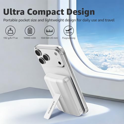 Azmuth for MagSafe Portable Charger, 10000mAh Magnetic Power Bank 20W PD | Fast Charging,Wireless Battery Pack with LED Display & Stand,Travel Essentials,for iPhone 17/16/15/14/13/12 Series - color: White