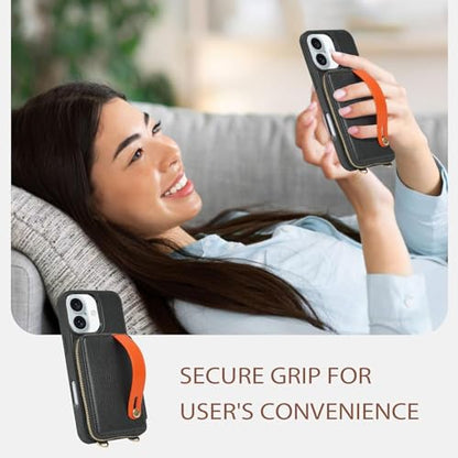 LAMEEKU Compatible with iPhone 16 Wallet Case with Card Holder, Zipper Leather Crossbody Case with Phone Grip Holder Stand Wrist Strap for Women 6.1 inch Black - color: Black, size: iPhone 16 6.1''