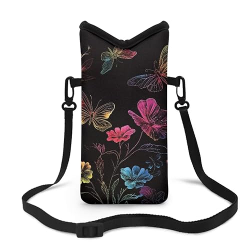 Women Men Small Crossbody Phone Bag Cellphone Pouch with Adjustable Shoulder Strap Neoprene Waterproof Mini Satchel Pouch for Travel, Walking, Beach, Floral Butterfly Black - color: Floral Butterfly Black