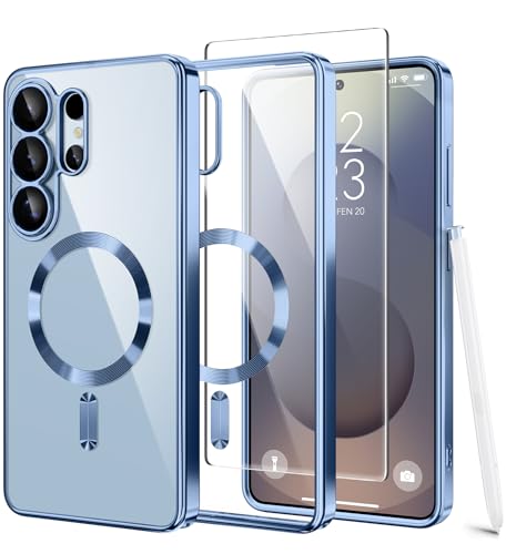 Magnetic Case for Samsung Galaxy S26 Ultra with Screen Protector,[Compatible with MagSafe][Full Camera Protection]Slim Military Shockproof Plating Phone Cover for AI Galaxy S26 Ultra(Sky Blue/Clear) - color: Blue/Clear, size: Samsung Galaxy S26 Ultra 6.9