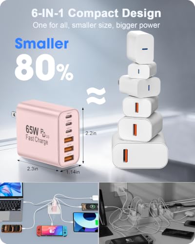 2-Pack 65W USB C Charger Block, 6-Port Fast Wall Charging Block [3 PD USB-C & 3 QC USB-A] for iPhone 17 16 15 Pro Max, iPad Pro, Galaxy S26 S25, Pixel 10 9, iWatch,Google & More - color: Pink