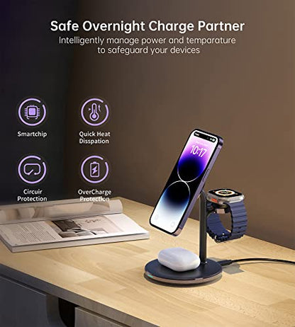 3 in 1 Magnetic Wireless Charging Station for Apple Devices,15W for Magsafe - color: Dark Purple