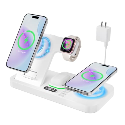 Dual Phone Magnetic Wireless Charging Station for Apple Devices/Apple Ecosystem,with Auto-Switch 7-Color Light & Clock, Compatible with iPhone 17/16/15, for iWatch 11/10/9 & AirPods Pro3（Cream