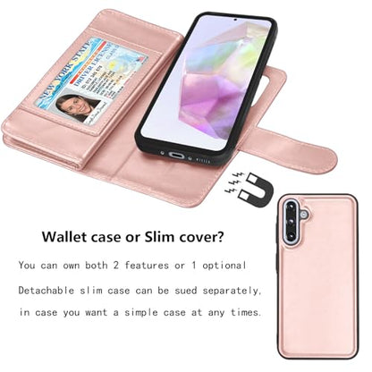 Njjex Galaxy A36 5G Case, For Samsung Galaxy A36 5G Wallet Case, [9 Card Slots] PU Leather ID Credit Holder Folio Flip [Detachable] Kickstand Magnetic Phone Cover & Lanyard for Samsung A36 [Rose Gold] - color: Rose Gold