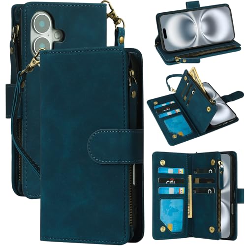 RANYOK Compatible with iPhone 16 Case Wallet - PU Leather Wallet Case for iPhone 16 with Credit Card Holder RFID Blocking Zipper Pocket with Wrist Strap Flip Folio Protective Case (Blue) - color: Blue, size: iPhone 16, 6.1"
