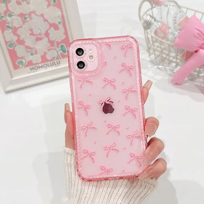 NITITOP Compatible with iPhone 12 Case Cute Clear Pink Glitter Bow Knot Design Shiny Star Sparkle Bling Diamond Girls Women Soft TPU Shockproof Protective Phone Cover - Large Bow Heart - color: Large Bow Heart, size: iPhone 12