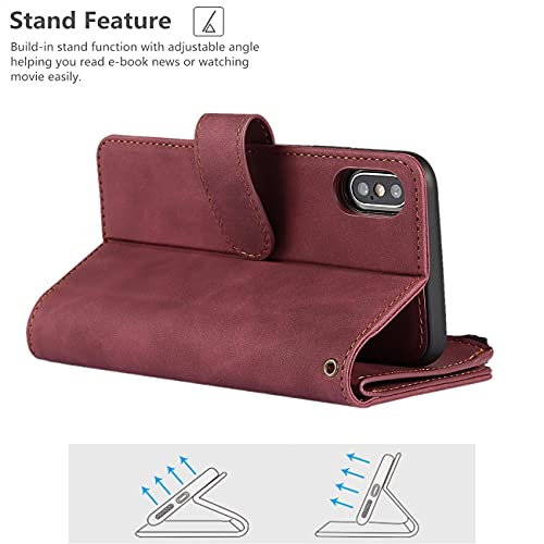 iCoverCase for iPhone X/XS Wallet Case with Card Holder and Wrist Strap, PU Leather Kickstand Card Slots Zipper Pocket Magnetic [Detachable] Flip Cover Case 5.8 Inch (Claret) - color: Claret