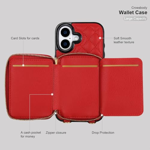 Bocasal Crossbody Wallet Case Card Holder for iPhone 17, Red | RFID Blocking PU Leather Zipper Handbag Purse, Kickstand Flip Folio Case with Card Slots Holder Wrist Strap Lanyard 6.3 Inch - color: Red
