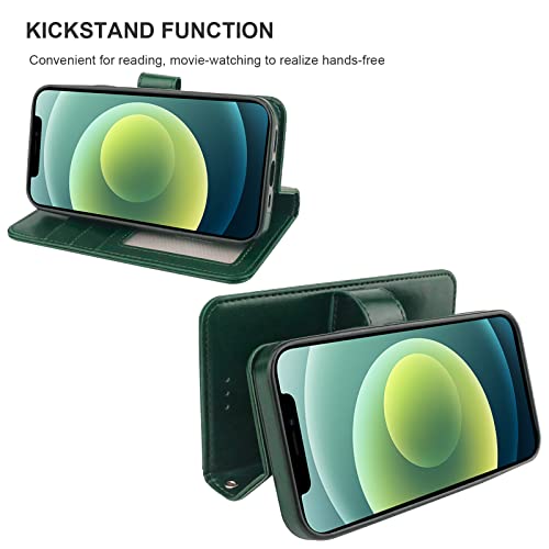 Bocasal Detachable Wallet Case Card Holder for iPhone 12/12 Pro, Green | Kickstand Card Slots Holder PU Leather Magnetic Shockproof Wrist Strap Removable Flip Protective Cover 6.1 inch - color: Green