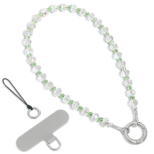 SURPHY Phone Charm, Handmade Beaded Phone Wrist Strap with Tether Tab - color: D- Crystals Green