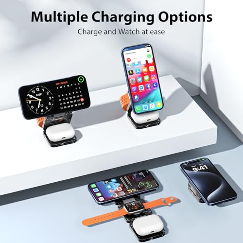 KU XIU X55 Nature Series Fast Magnetic Wireless Charger, Foldable 3 in 1 Charging Station for Apple, Mag-Safe Travel Charger Stand for iPhone 17 16 15 14 13 Series, Apple Watch & AirPods-Marble Black - color: Marble-Black