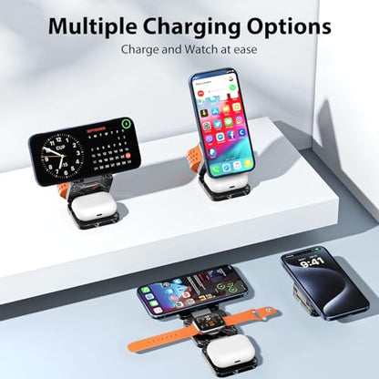 KU XIU X55 Nature Series Fast Magnetic Wireless Charger, Foldable 3 in 1 Charging Station for Apple, Mag-Safe Travel Charger Stand for iPhone 17 16 15 14 13 Series, Apple Watch & AirPods-Marble Black - color: Marble-Black