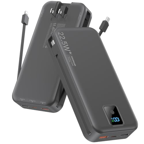 Portable Charger 20000mAh 22.5W w/Built-in Cable & Wall Plug Black - color: Ebony
