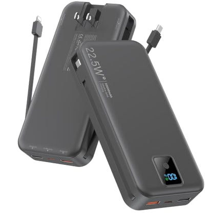 Portable Charger 20000mAh 22.5W w/Built-in Cable & Wall Plug Black - color: Ebony