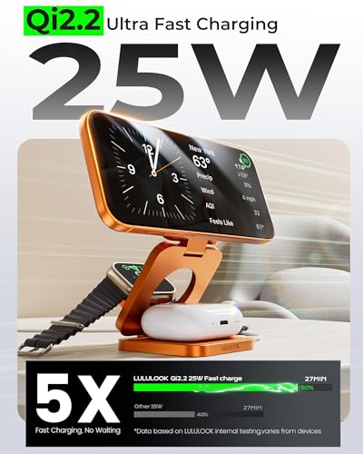 3 in 1 Charging Station for Apple - Qi2.2 25W Magnetic Wireless Charger for iPhone 18/17/16-12, Apple Watch, AirPods, Travel Fast Charging Foldable Stand with 45W GaN Adapter, Aluminum Alloy Design - color: Orange
