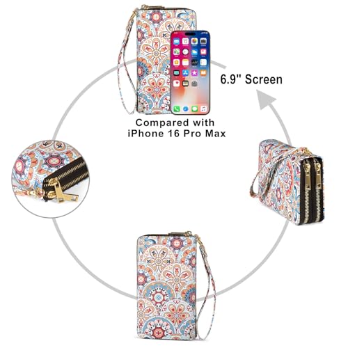 RFID Blocking Cellphone Wallet for Women with Removable Strap, Double Zipper Wristlet Bag Large Capacity, Ladies Travel Clutch Purse, Artistic Flower - color: Orange Artistic Flower