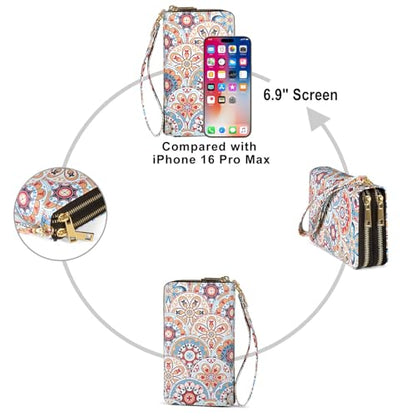 RFID Blocking Cellphone Wallet for Women with Removable Strap, Double Zipper Wristlet Bag Large Capacity, Ladies Travel Clutch Purse, Artistic Flower - color: Orange Artistic Flower