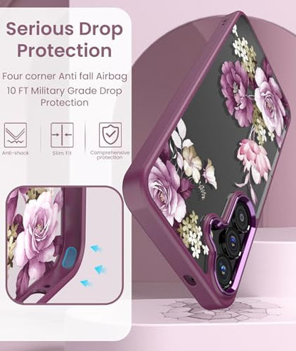 Crystal Clear Flower Pattern Case for Samsung Galaxy S26 FE-Purple | Girl Women Slim Soft TPU + Hard PC Military Grade Protective Phone Cover WithTempered Glass Screen Protector for S26 FE - color: S26 FE-Purple