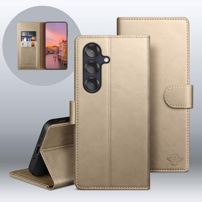 Wallet Case for Samsung Galaxy S25 5G, Golden | RFID-Blocking Card Holder, Kickstand, Magnetic Closure, PU Leather Folio Flip Cover, Protective Women Men Cases - color: Golden, size: Samsung Galaxy S25