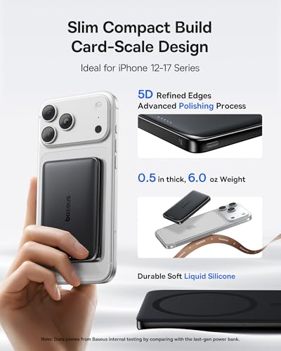 Baseus Picogo Power Bank, 0.5" Ultra Slim 10000mAh MagSafe Portable Charger, Upgraded CCC Certified 27W Fast Charging Magnetic Battery Pack, Alloy Wireless Charger for iPhone 17/16/15/14/13/12 - color: Polished Cosmic Black