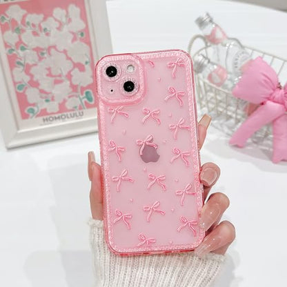 NITITOP Compatible with iPhone 14 Plus / 15 Plus Case Cute Clear Pink Glitter Bow Knot Design Shiny Star Sparkle Bling Diamond Girls Women Soft TPU Shockproof Protective Phone Cover - Large Bow Heart - color: Large Bow Heart, size: iPhone 14 Plus / 15 Plu