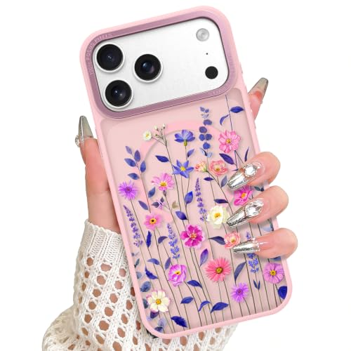 Magnetic Case for iPhone 17 Pro, Pink Floral Sprigs | Compatible with MagSafe, Frosted Shockproof Cover, Cute Flower Design, Slim Phone Case for Women Girls - color: Pink Floral Sprigs, size: iPhone 17 Pro