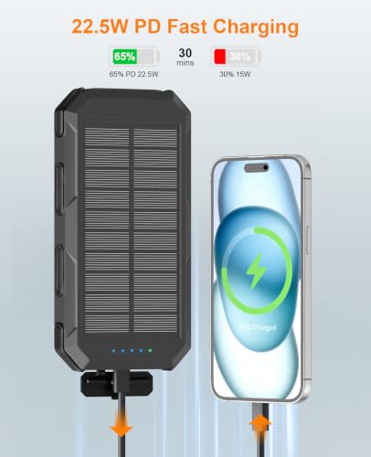 Solar Charger Power Bank 38800mAh, 22.5W USB-C Fast Charging Portable Charger with 4 Built-in Cables, External Battery Pack with Dual LED Emergency Flashlights for Camping, Hiking, Outdoor Use - color: Black