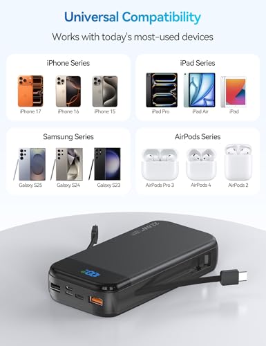 Phone Battery Bank 32000mAh 22.5W w/Built-in Cables & USB C Fast Charging - color: Black