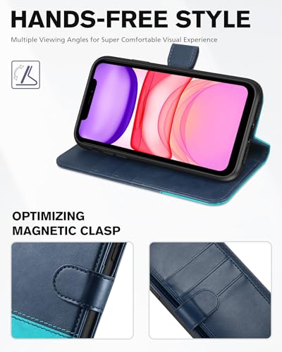 TUCCH Wallet Case for iPhone 11 6.1", 3 Card Holders, Dark Blue & Lake Blue | RFID Blocking, Viewing Stand, Shockproof TPU Shell, PU Leather, Magnetic Closure, Protective Folio Flip Cover - color: Dark Blue & Lake Blue