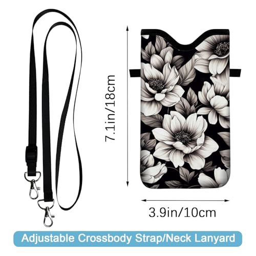 Neoprene Cell Phone Sleeve Pouch Case Bag with Crossbody Strap Neck Lanyard for Women 7.1 X 3.9 in Flower - color: Flower Black