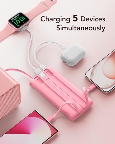 VRURC Portable Phone Charger, Built-in 4 Cables USB C Power Bank 10000mAh - color: Barbie Pink