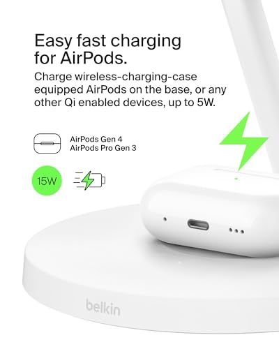 Belkin Qi2 15W Wireless Charging Station, 3 in 1 iPhone Charger - color: White, style: Matte Finish