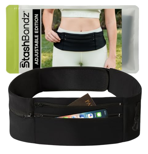 StashBandz Running Belt Money Belt, 3 Large Zippered Pockets, Phone Holder - size: Medium