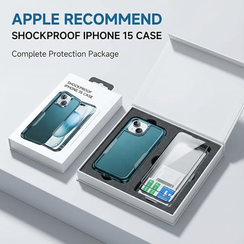 Shockproof for iPhone 15 Case,[15 FT Military Grade Drop Protection],with 2X [Tempered Glass Screen Protector ] with Air Bumpers Full-Body Protective Phone Case, Blackish Green - color: Blackish Green