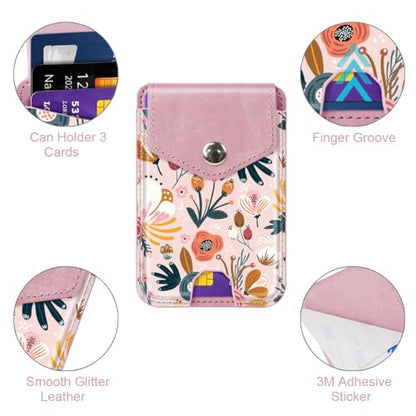 Self Adhesive Card Holders for Back of Phone, Premium Leather RFID Phone Wallet Pockets with Snap, Card Holders Sleeve for Phone Case, Pink Flower - color: Pink Flower
