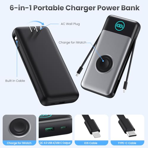 Portable Charger for iPhone with Built-in Cables and AC Wall Plug,26800mah Fast Charging USB C Power Bank,25W PD Travel Essential Battery Pack for iPhone 17/16/15/14/13,Galaxy,Apple Watch (Black) - color: Black