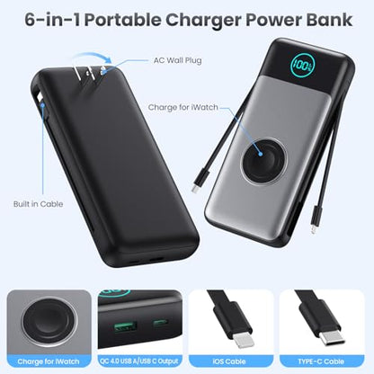 Portable Charger for iPhone with Built-in Cables and AC Wall Plug,26800mah Fast Charging USB C Power Bank,25W PD Travel Essential Battery Pack for iPhone 17/16/15/14/13,Galaxy,Apple Watch (Black) - color: Black