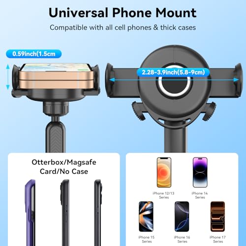 Universal 360° Dashboard Phone Holder – Clip-On Car Phone Mount with One-Push Lock, Fits 4–7 Inch Smartphones, No Adhesive, Multi-Mount for Dashboard, Sun Visor, or Rearview Mirror (Black)