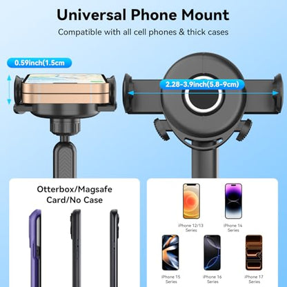 Universal 360° Dashboard Phone Holder – Clip-On Car Phone Mount with One-Push Lock, Fits 4–7 Inch Smartphones, No Adhesive, Multi-Mount for Dashboard, Sun Visor, or Rearview Mirror (Black)