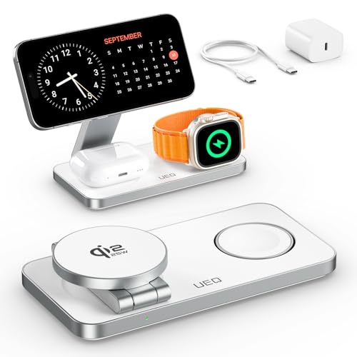 UEQ 3-in-1 Charging Station for Apple Devices,QI2.2 25W Ultra-Fast Magnetic Wireless Charger Stand,Compatible with MagSafe,Foldable Travel Charger for iPhone Air/17/16/15/14/13/12,Apple Watch,AirPods - color: White