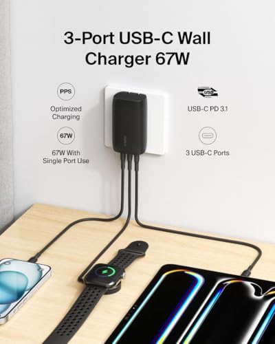 Belkin 67W 3 Port USB C Charger Block, PPS Fast Charging for MacBook - style: Black