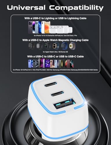 Hzevn USB C Car Charger, 3 Port PD Super Mini Cigarette Lighter Adapter, 2Pack USB-C & A Fast Car Charging for iPhone 16/15 Pro Max, Galaxy S25/S24, iPad, Pixel, Android Phones,White - color: White