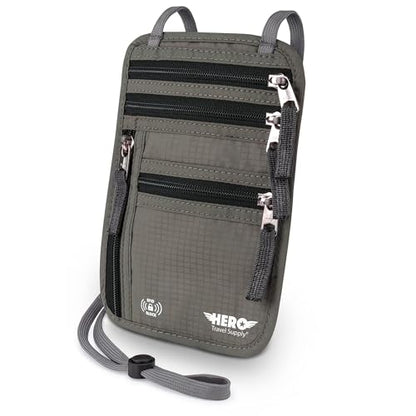 HERO Neck Wallet - RFID Blocking Passport Holder, Easy to Conceal Travel Pouch (Army Grey) - color: Army Grey
