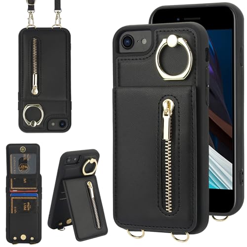 Crossbody Wallet Case for iPhone 7/8/SE 2020/SE 2022, with Card Slots Zipper Pocket Case, Flip Folio Purse RFID Blocking with Ring Kickstand Detachable Strap-Black - color: Black, size: iPhone 7/8/SE 2020/SE 2022 (4.7")
