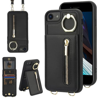 Crossbody Wallet Case for iPhone 7/8/SE 2020/SE 2022, with Card Slots Zipper Pocket Case, Flip Folio Purse RFID Blocking with Ring Kickstand Detachable Strap-Black - color: Black, size: iPhone 7/8/SE 2020/SE 2022 (4.7")