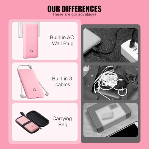 Portable Charger with Built-in Cables and AC Wall Plug, USB C External Battery Pack, 10000mAh Travel Essentials Power Bank Compatible with iPhone17/16/15/14/13, Samsung Galaxy, Pixel,Tablet and More - color: Light Pink