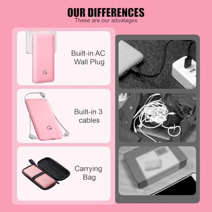 Portable Charger with Built-in Cables and AC Wall Plug, USB C External Battery Pack, 10000mAh Travel Essentials Power Bank Compatible with iPhone17/16/15/14/13, Samsung Galaxy, Pixel,Tablet and More - color: Light Pink